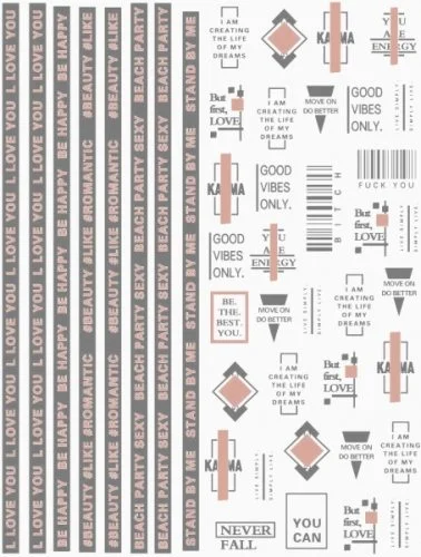 Nagelsticker - Aufkleber selbstklebend - Nail Sticker - rosegold schwarz Streifen Zeichen Wörter